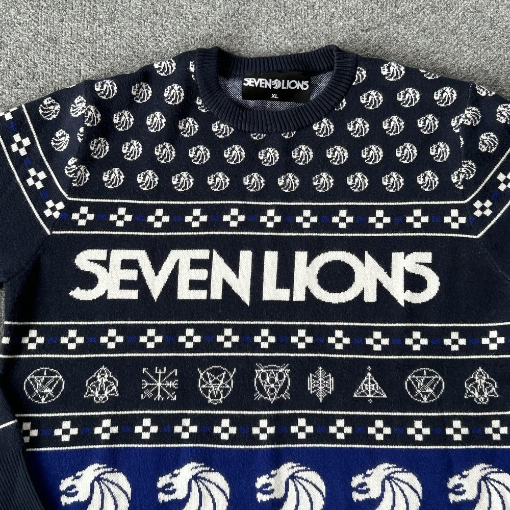 Seven Lions Sweater Mens‎ XL Navy Blue Knit Crewneck Holiday EDM Rave Graphic - Picture 2 of 10